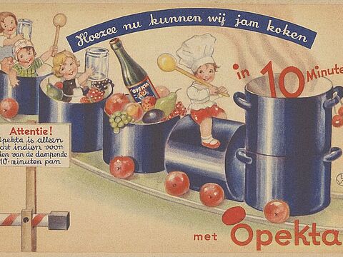 Zeichnung einer Lokomotive aus Kochtöpfen, darauf und darin Kinder mit Obst, darüber Text auf Niederländisch.