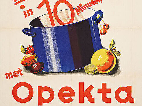 Bunter Werbedruck: ein Kochtopf mit Obst, niederländischer Text, das Wort Opekta.