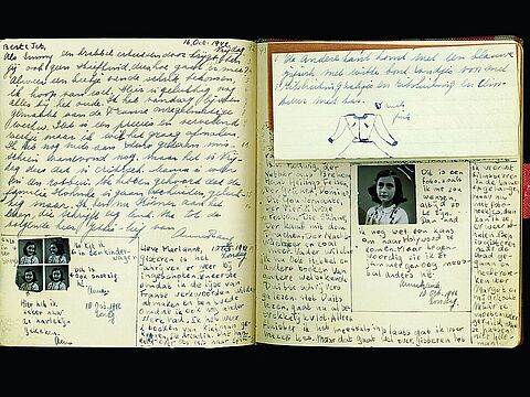 Ein vollgeschriebenes Notizbuch mit eingeklebten Passfotos einer etwa 10-jährigen Person.
