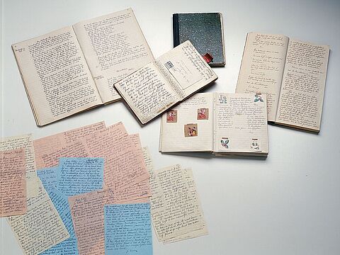 Eine Sammlung per Hand beschriebener bunter Blätter und aufgeklappter Tagebücher.